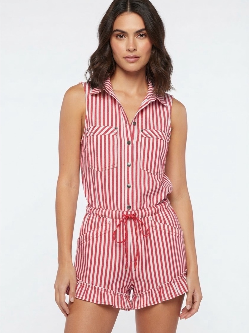 Striped Red & White Sleeveless Tie-Waist Romper